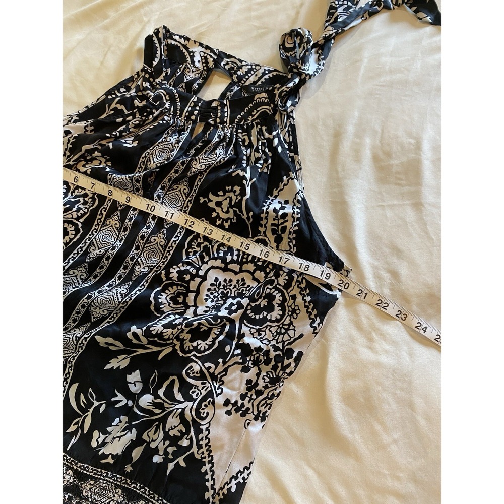 WHBM Tie Shoulder Elastic Waist Black & White 100% Silk Tunic Top Blouse Sz L - Picture 5 of 7
